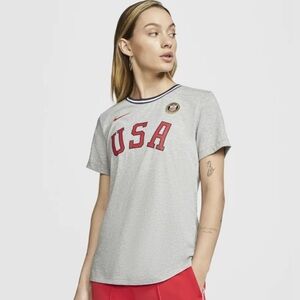 Nike Women Top MD Gray T-Shirt USA Olympics Swoosh Logo Embroidered Short Sleeve
